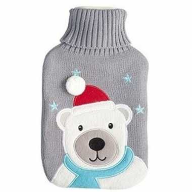 Warme kruik kerst ijsbeer grijs gebreide hoes 2 liter