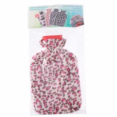 Warme kruik met fleece hoes luipaard print roze 2 liter