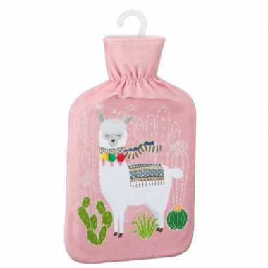 Warme kruik met lama/alpaca print roze 2 liter