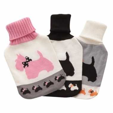 Warmwarme kruik met wit/zwarte honden hoes 2 liter
